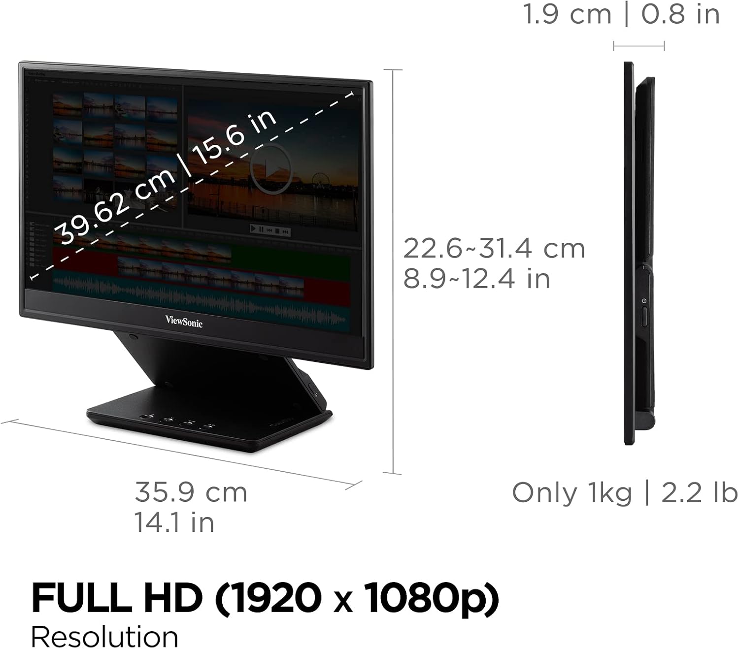 ViewSonic VP16-OLED 15.6' Portable 1080p OLED Monitor with 60W USB-C and mini-HDMI, and Ergonomic Stand(Renewed)