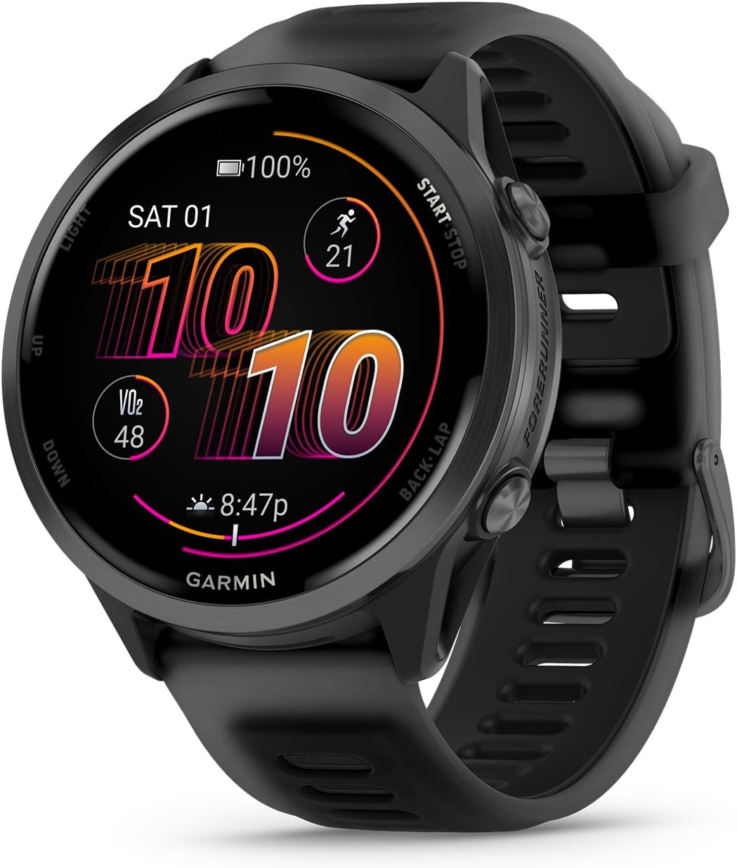 Garmin® Forerunner® 570, 47mm, Advanced GPS Running and Triathlon Smartwatch, AMOLED Display, Training and Recovery Features, Slate Gray Aluminum with Translucent Black/Black Band