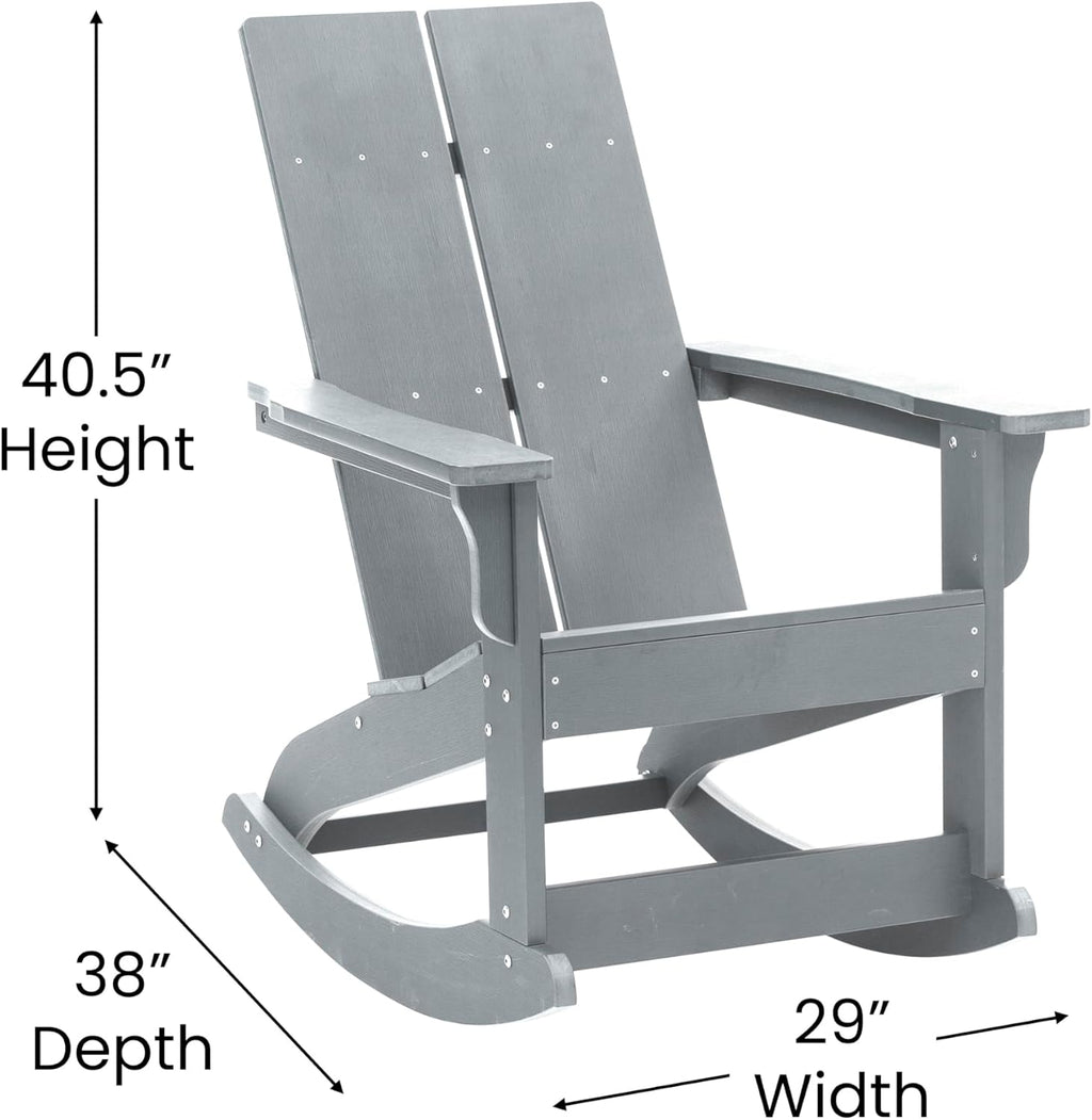 EMMA + OLIVER Harmon Adirondack Rocking Chair - Gray Poly Resin - Suitable for Indoor/Outdoor Use - All Weather Materials - Easy Assembly - 350 lb. Weight Capacity