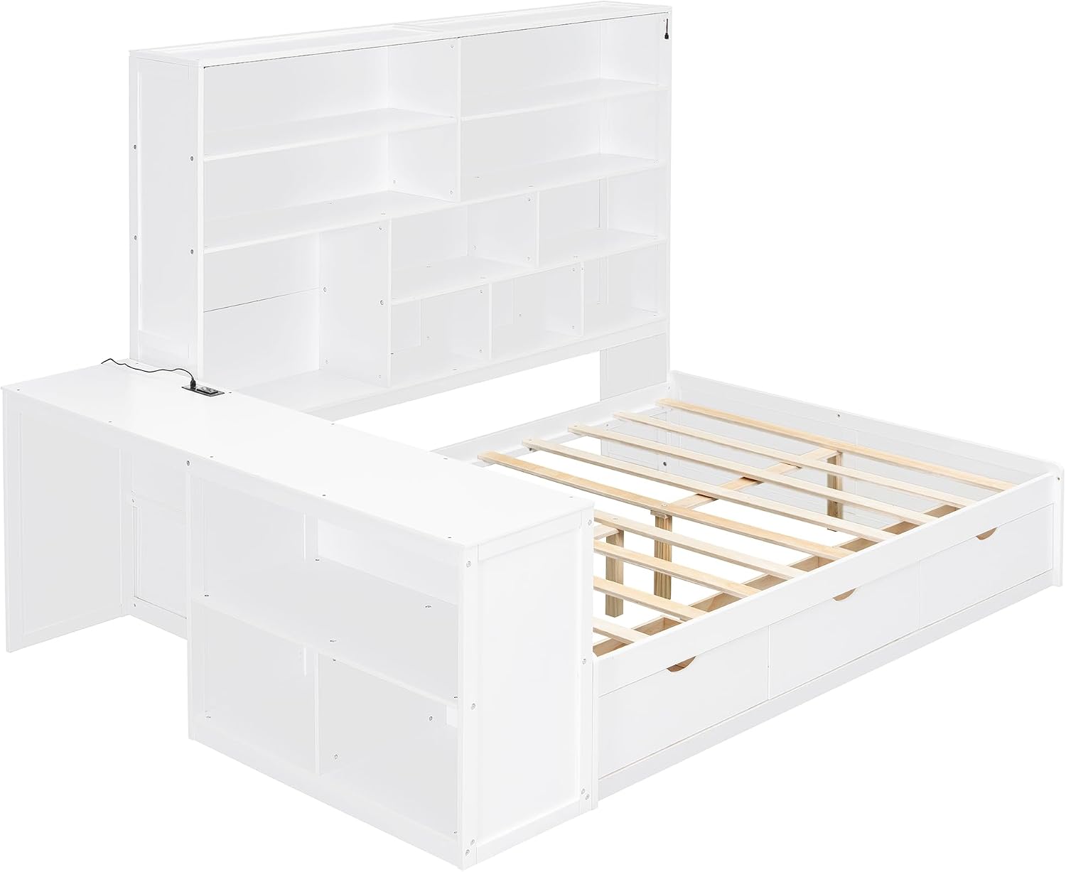 LUMISOL Corner Full Bed Frame with Storage Drawers, Built-in Desk with USB Ports & Shelves, Wooden Daybed Sofa Bed with LED Bookcase for Bedroom Living Room, White