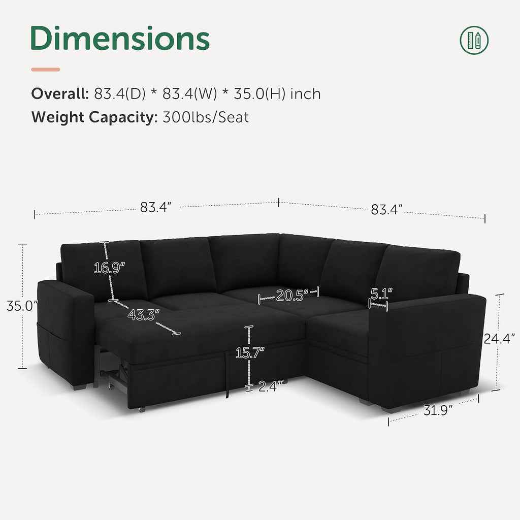 HONBAY Modular Sectional Sleeper Sofa with Pull-Out Bed, Velvet L-Shaped Sofa with Storage Seat, Sectional Sofas for the Living Room, Black