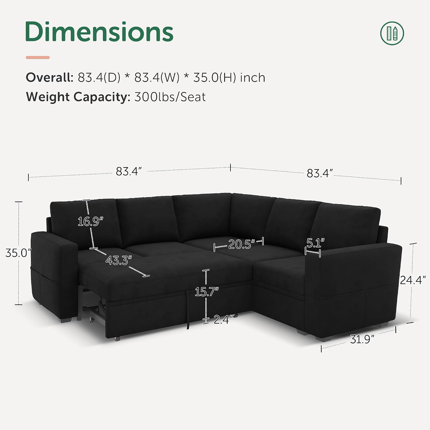 HONBAY Modular Sectional Sleeper Sofa with Pull-Out Bed, Velvet L-Shaped Sofa with Storage Seat, Sectional Sofas for the Living Room, Black