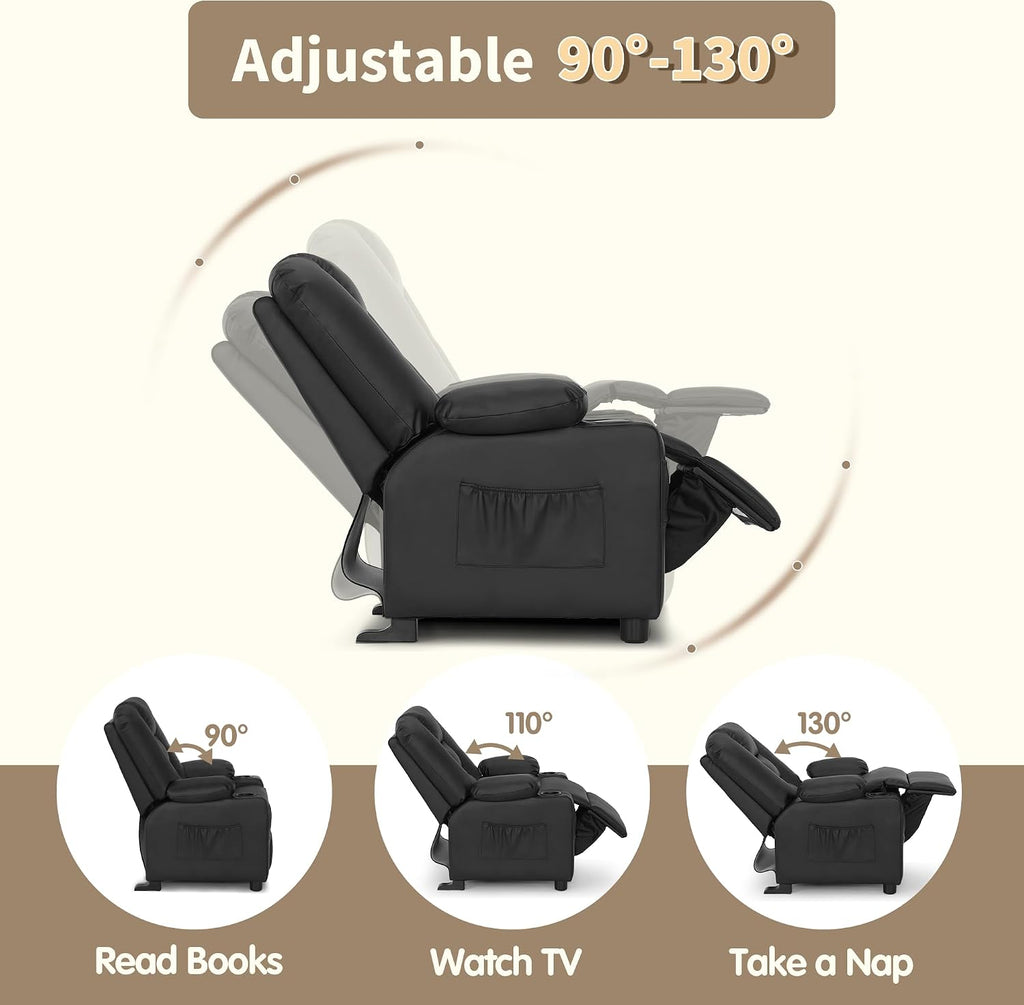 MCombo Big Kids Recliner for Ages 3+, Child Reclining Chair, Toddlers Recliner Sofa with Cup Holders, Faux Leather, 7322(Black)