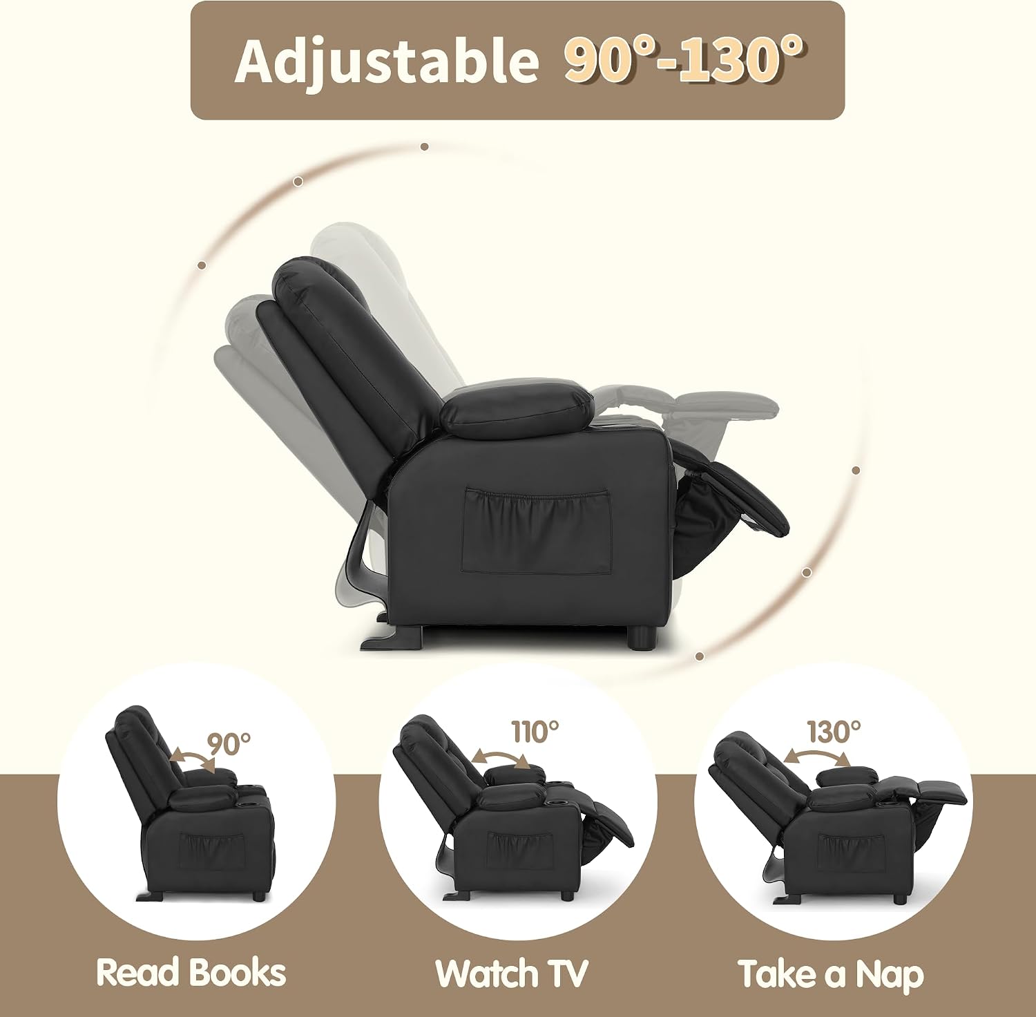 MCombo Big Kids Recliner for Ages 3+, Child Reclining Chair, Toddlers Recliner Sofa with Cup Holders, Faux Leather, 7322(Black)