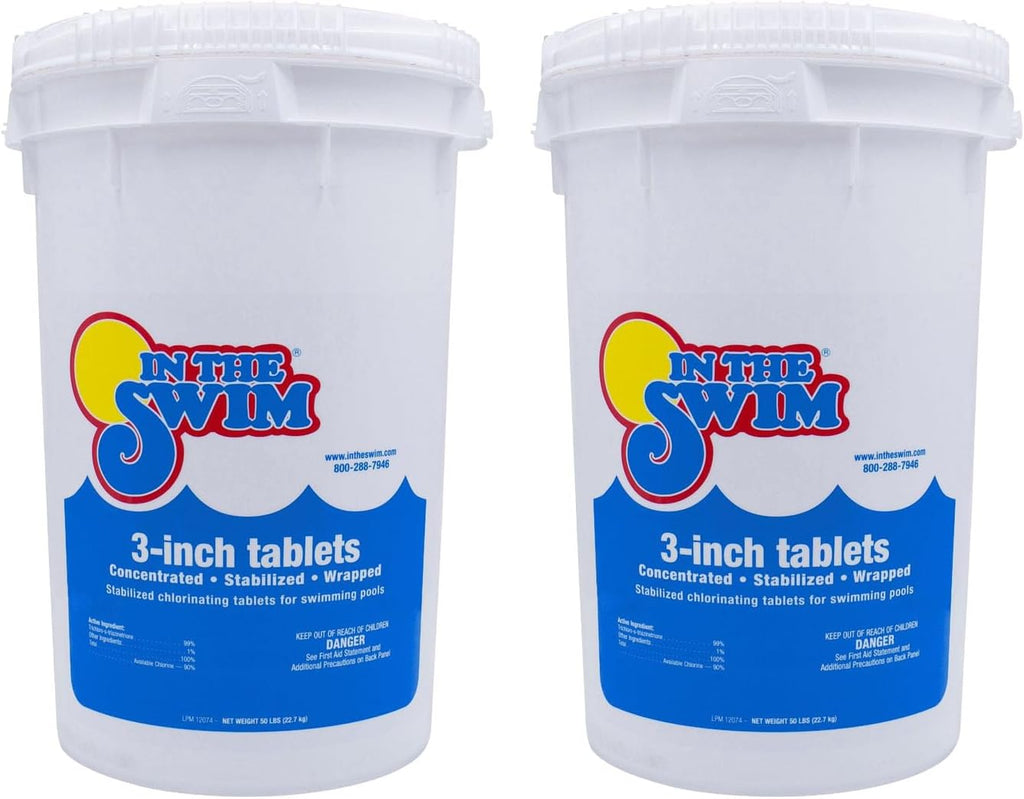 In The Swim 3 Inch Stabilized Chlorine Tablets for Sanitizing Swimming Pools - Individually Wrapped, Slow Dissolving - 90% Available Chlorine - Tri-Chlor - 50 Pounds - 2 Pack