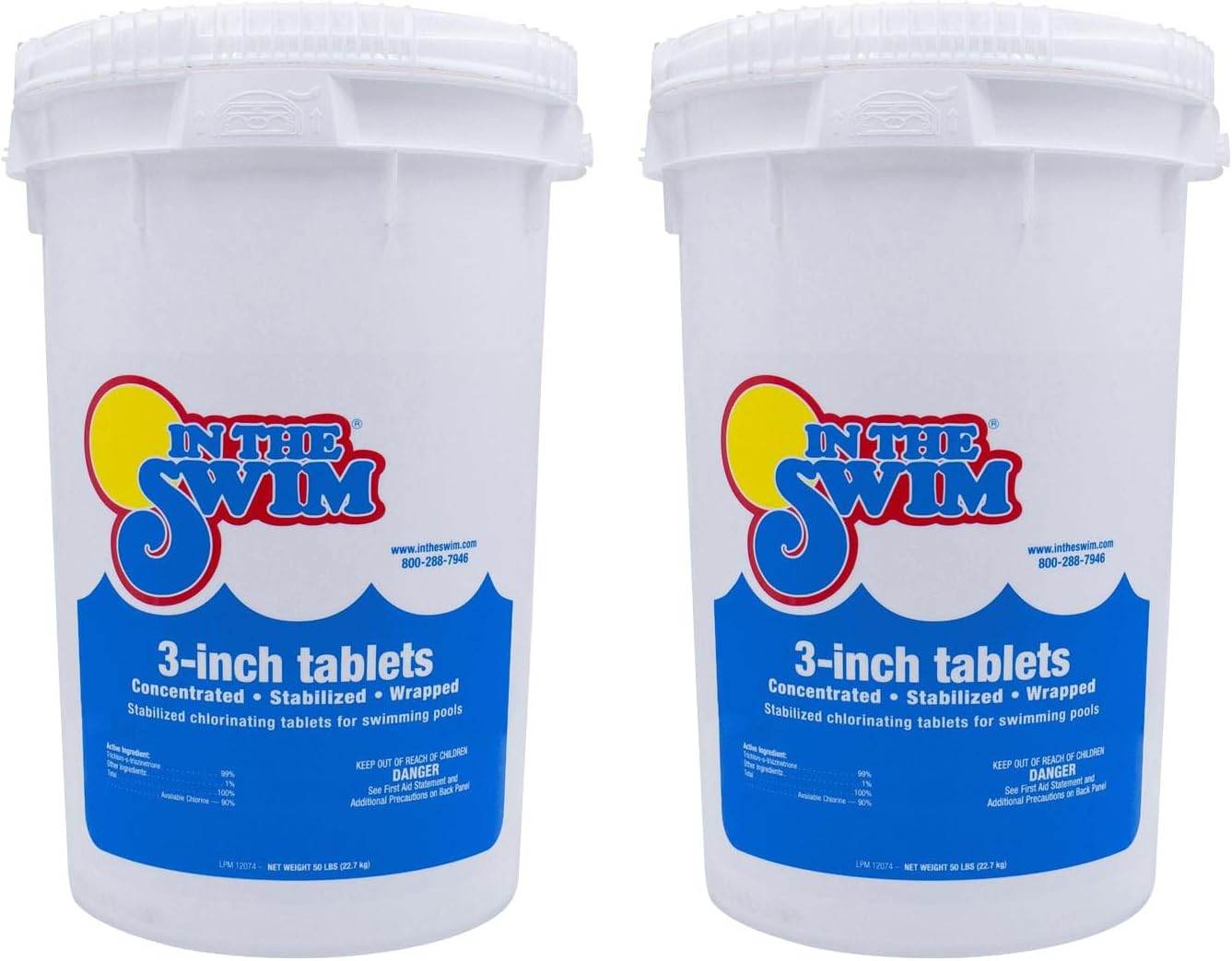 In The Swim 3 Inch Stabilized Chlorine Tablets for Sanitizing Swimming Pools - Individually Wrapped, Slow Dissolving - 90% Available Chlorine - Tri-Chlor - 50 Pounds - 2 Pack