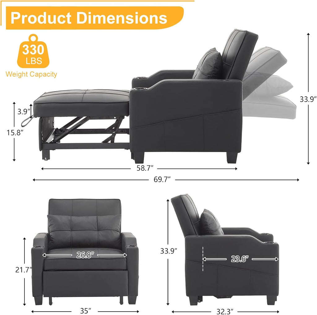Karl home Sleeper Chair Convertible Sofa Bed with USB/Type C Ports 3-in-1 Pull Out Sofa Bed Adjustable Reading Chair with Cup Holders, PU Leather Black