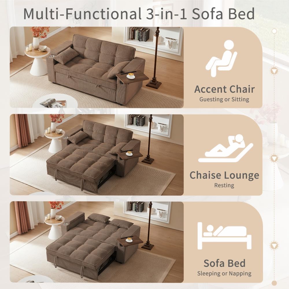 Auvsoce 65'' Convertible Sleeper Sofa Bed with Adjustable Backrest, Chaise Lounge, Side Table & USB/Type-C Ports – Stylish & Functional Addition to Any Living Room (Brown)