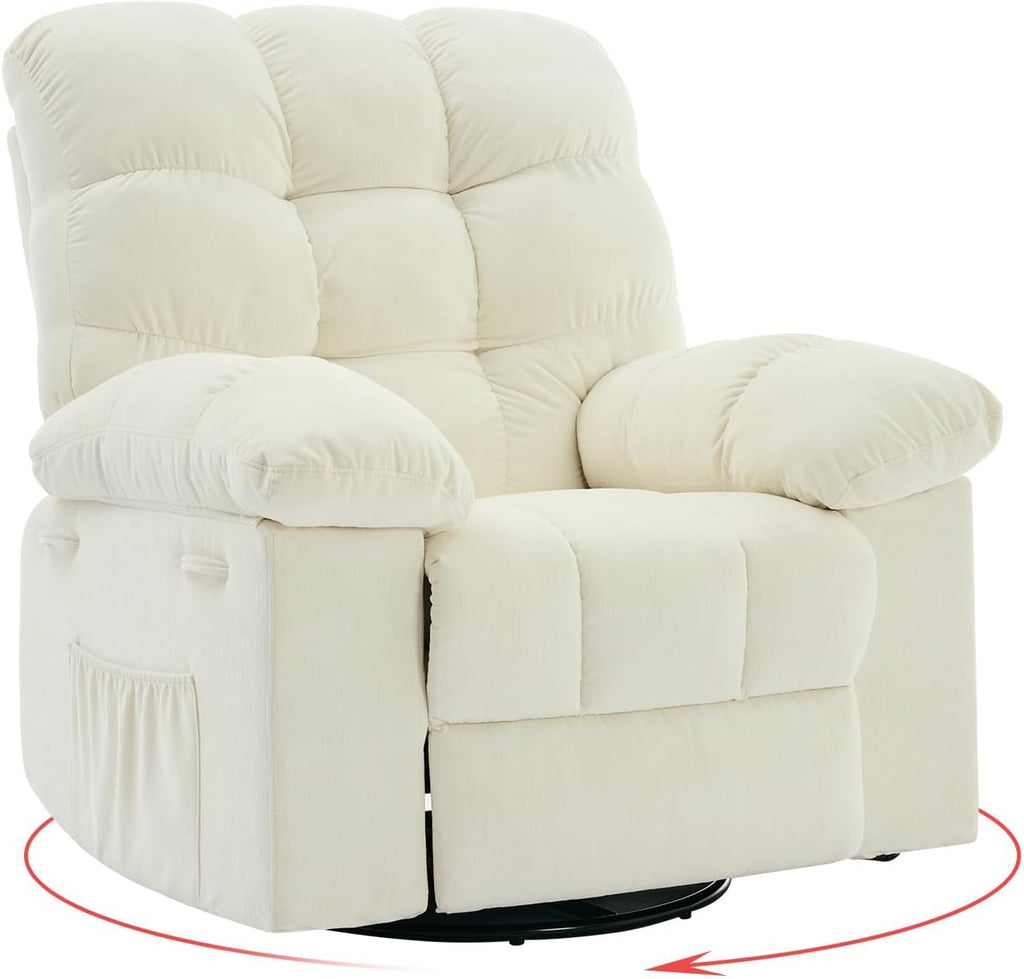 Rocking Recliner Chair, 360° Swivel Lazy Boy Recliner with Side Pockets, Upholstered Fabric Glider Nursery Chair for Living Room, Nursery & Small Spaces, Beige