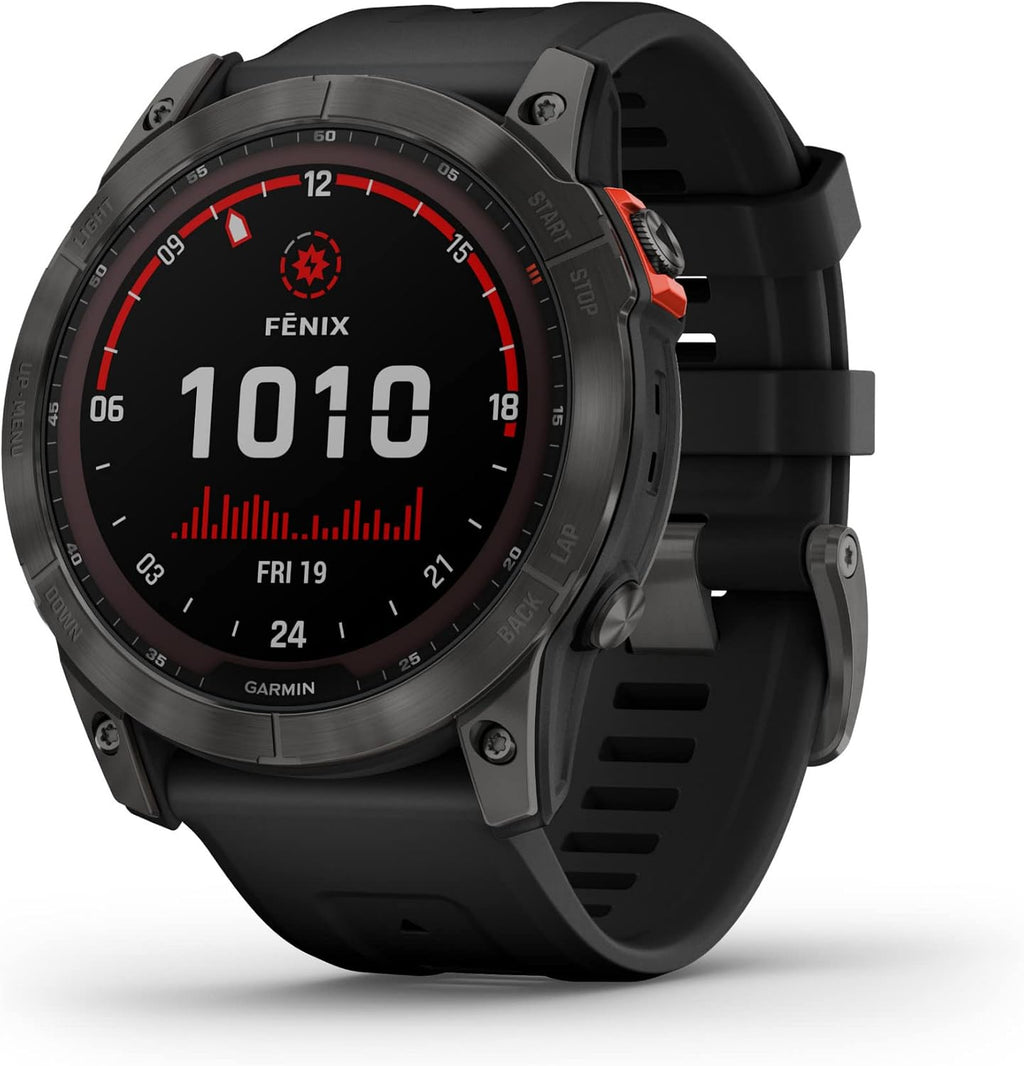 Garmin Fenix 7X Solar, Larger Sized Adventure smartwatch, with Solar Charging Capabilities, Rugged Outdoor Watch with GPS, Touchscreen, Health and Wellness Features, Slate Gray with Black Band
