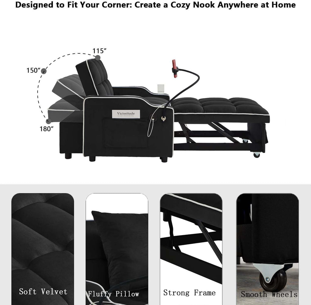 Convertible Sofa Bed, 3 in 1 Futon Sofa Bed with USB Charging Ports, Cup Holder, Phone Stand & Pocket, Modern Upholstered Sleeper Sofa for Living Room, Apartment or Small Space (Black)