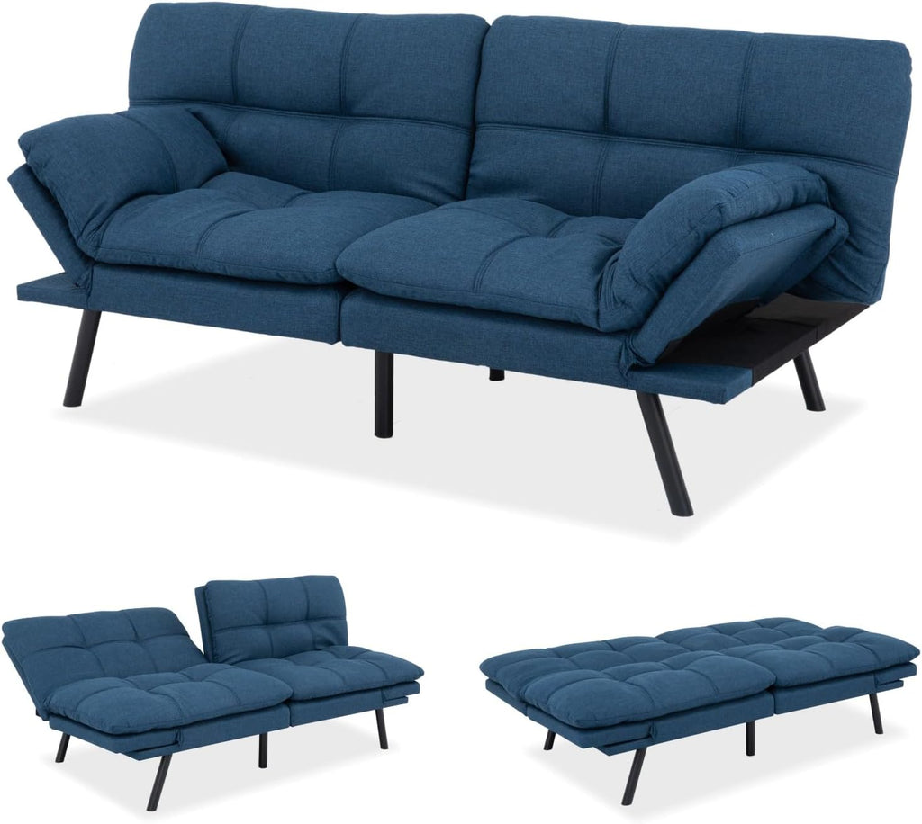 MUUEGM 71-Inch Convertible Futon Sofa Bed with Adjustable Backrest & Removable Armrests, Foldable Sleeper Loveseat for Small Space Living Room, Studio Apartment, Home Office，Blue