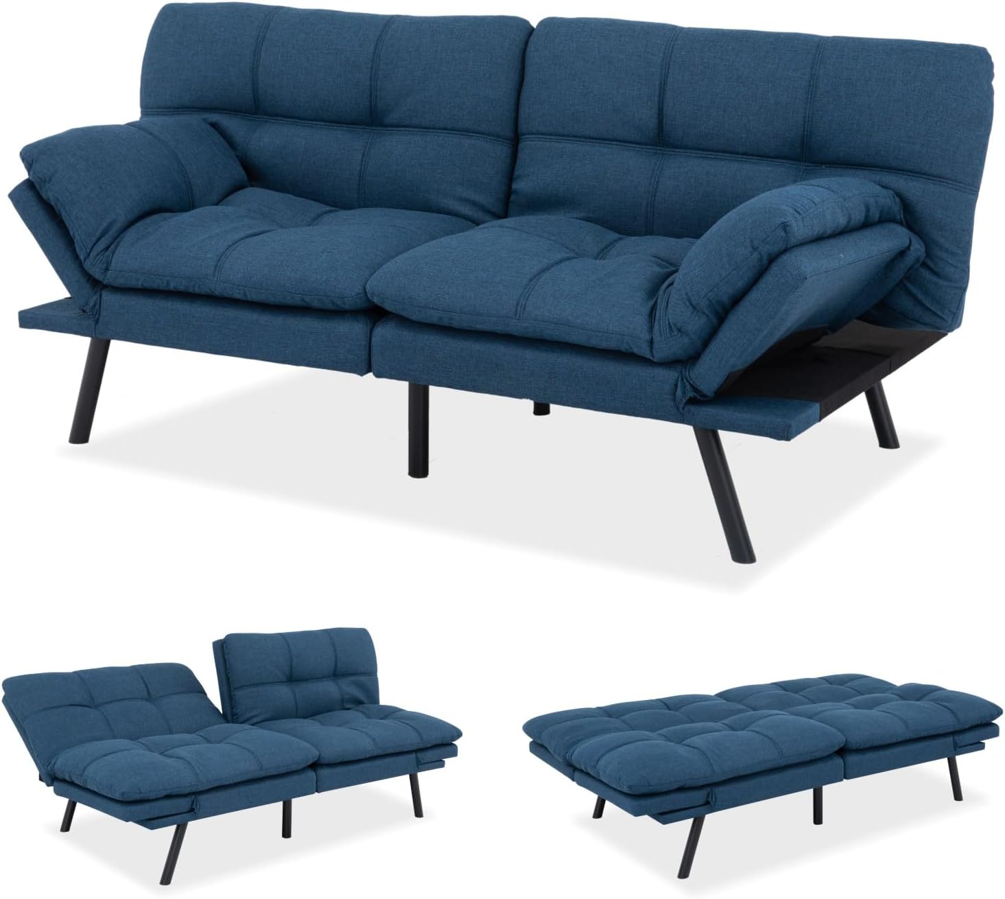 MUUEGM 71-Inch Convertible Futon Sofa Bed with Adjustable Backrest & Removable Armrests, Foldable Sleeper Loveseat for Small Space Living Room, Studio Apartment, Home Office，Blue