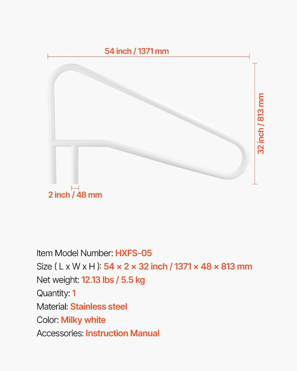 VEVOR Pool Rail, 54 x 32 inch Pool Handrail, 220 lbs Load Capacity Heavy Duty Stainless Steel Swimming Handrail, Seamless Welding, Recessed or Base Mount, for Poolside, Water Parks, Spa Centers