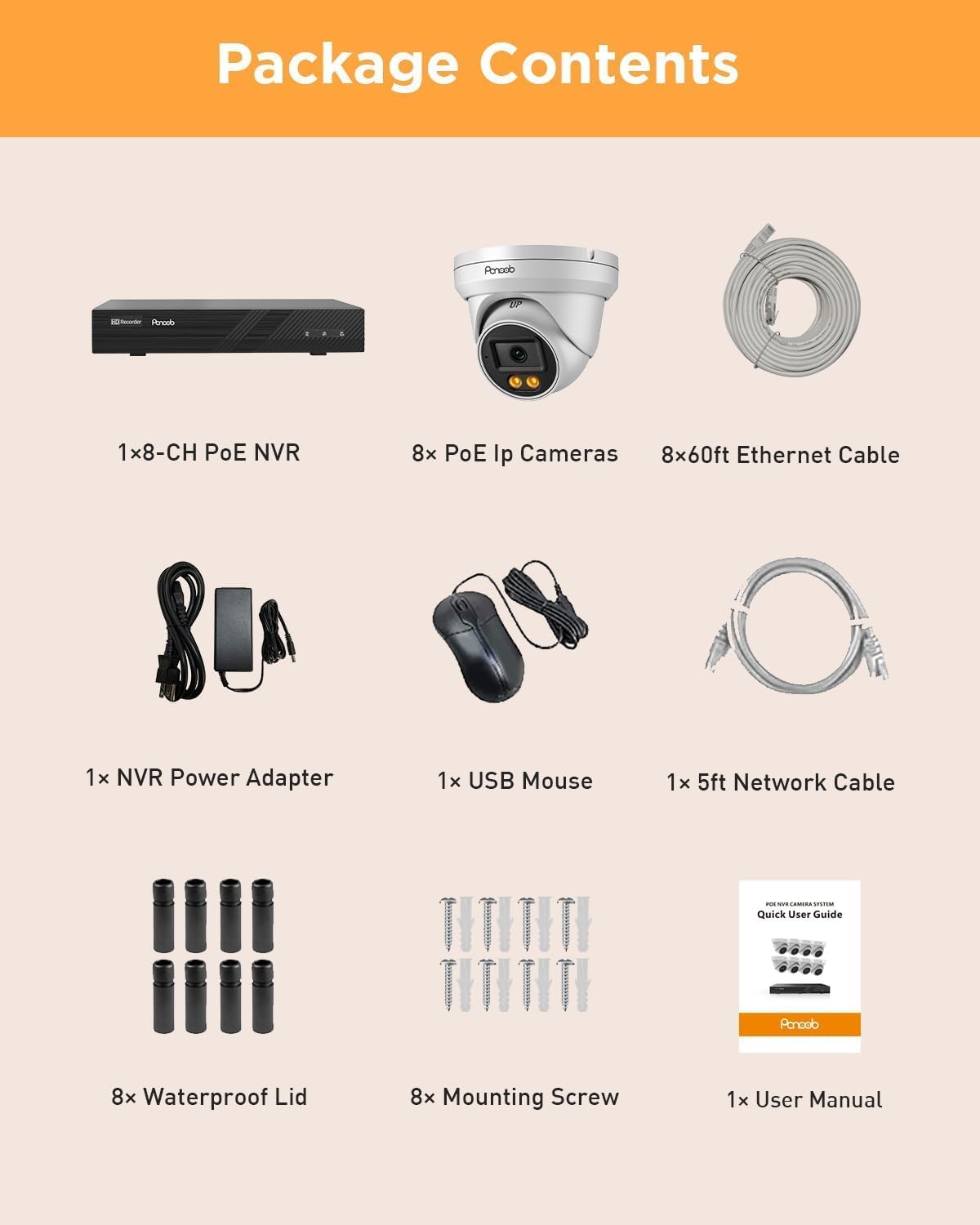 PoE Security Camera System, 8Pcs 5MP Wired IP Cameras with Audio, Smart Color Night Vision & AI Person Vehicle Detection, Remote Access, 8 Channel 4K NVR with 2TB HDD, PD93BA0808-5MD-1