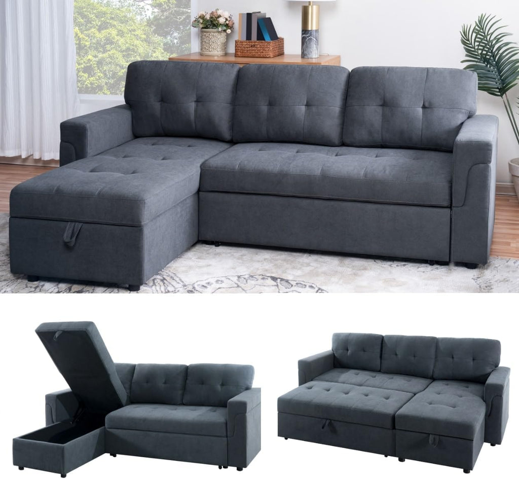 Naomi Home L Shaped Sectional Couch with Storage & Pull Out Bed – 3-in-1 Convertible Sleeper Sofa Bed, Small L Shape Sofa for Living Room, Sofa Bed with Storage Chaise in Dark Gray, Velvet