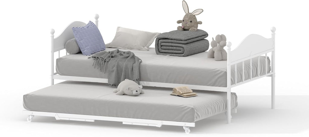 Daybed with Trundle, Metal Twin Size Day Bed with Stylish Headboard, Sofa BedFrame with Pop Up Foldable Trundle Bed, Heavy Duty Steel Slats Platform for Living Room, Bedroom and Guest Room, White
