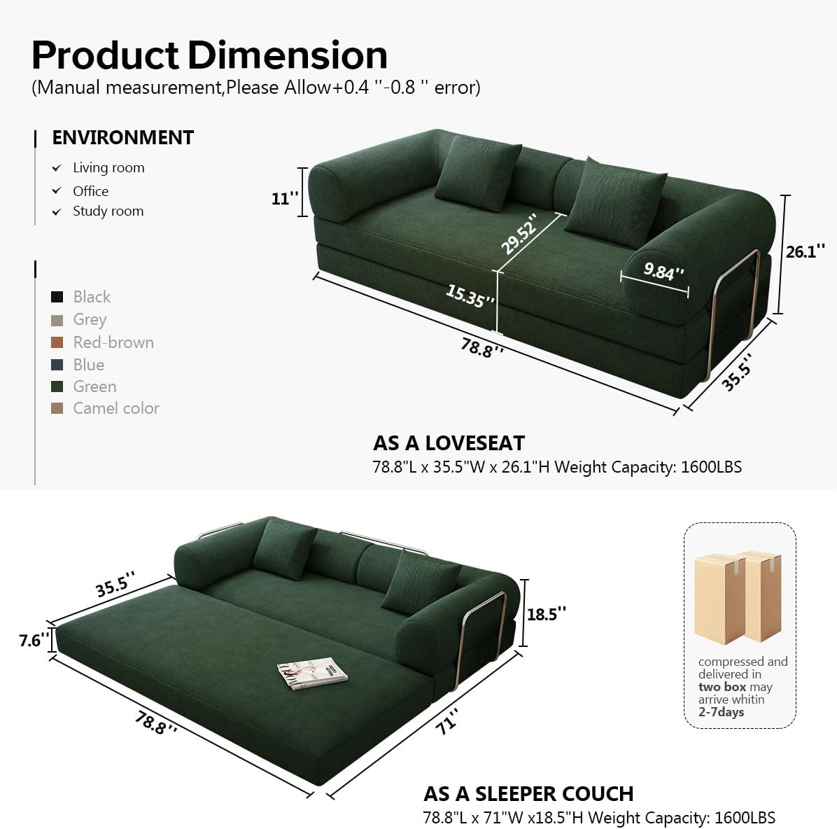 78.8' Modular Sofa Bed - 4-in-1 Convertible Design with Corduroy Fabric and High Density Sponge, Removable Cover and Fixed Frame