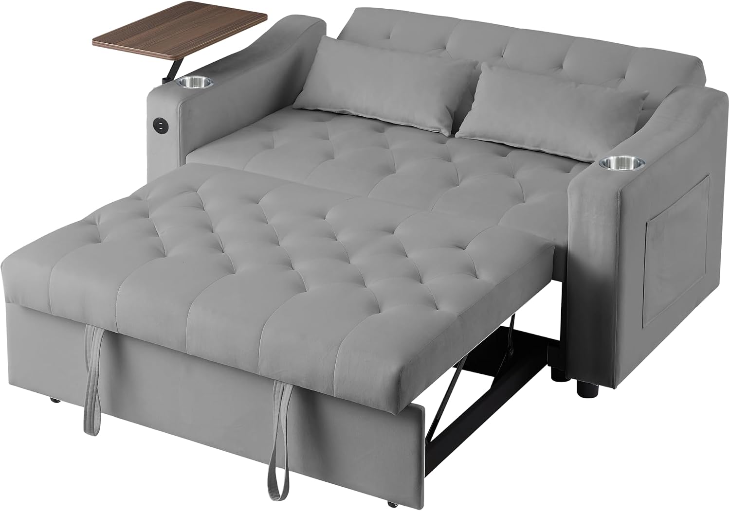 Auvsoce 53'' Convertible Sleeper Sofa Bed with Adjustable Backrest, Chaise Lounge, Side Table & Two Pillows – Stylish & Functional Addition to Any Living Room (Modern Grey)