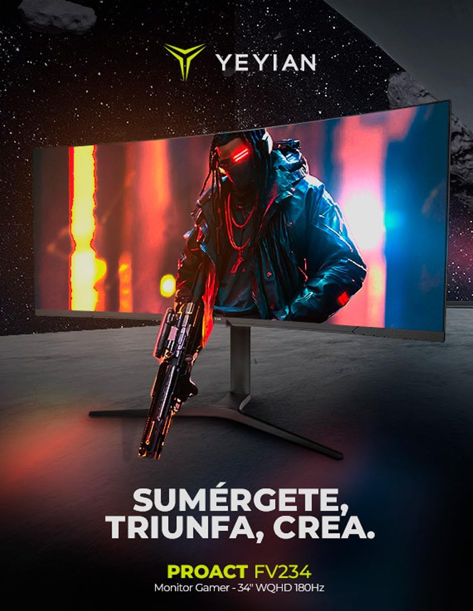 YEYIAN 34' Ultrawide Curved Gaming Monitor, 180Hz, 1ms, WQHD 3440×1440, 1500R VA Panel, sRGB 129%, DCI‑P3 92%, FreeSync, HDR10, HDMI×2, DP1.4×2, Tilt Adjustable