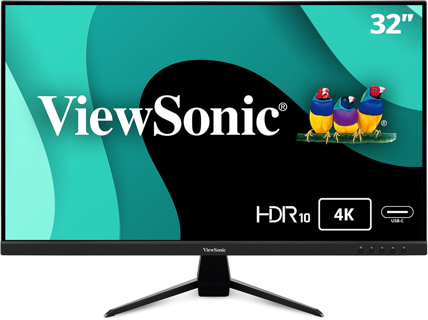 ViewSonic VX3267U-4K 32 Inch 4K Monitor, IPS Display with 65W USB-C and HDR10 for Ultimate Home Entertainment, Eye Care Technology, Ultra-Thin Bezels, HDMI, and DisplayPort Inputs