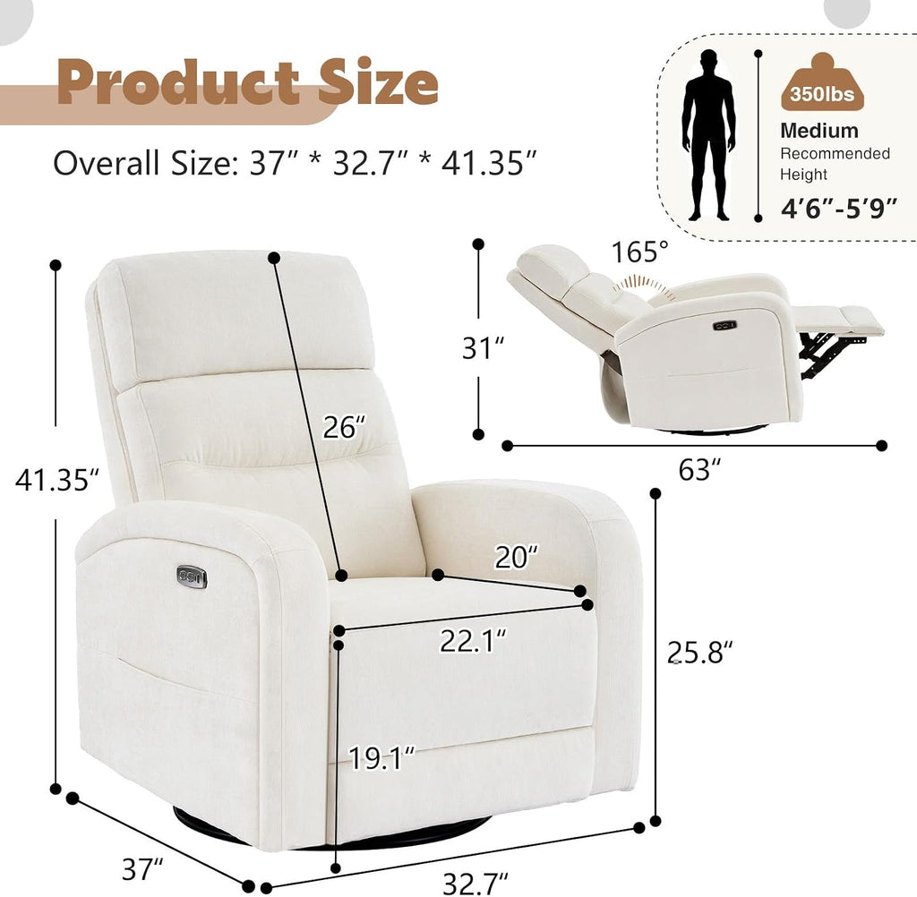 Power Glider Recliner Nursery Chair,Swivel Rocker Recliner with Adjustable Backrest Support,Chenille Nursery Rocking Chairs Recliner with USB and Type-C Ports for Nursery Living Room(Cream White)