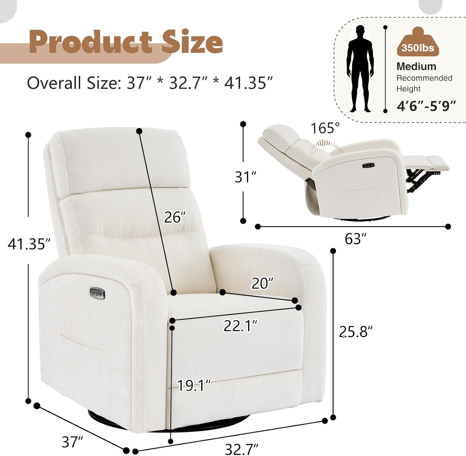 Power Glider Recliner Nursery Chair,Swivel Rocker Recliner with Adjustable Backrest Support,Chenille Nursery Rocking Chairs Recliner with USB and Type-C Ports for Nursery Living Room(Cream White)