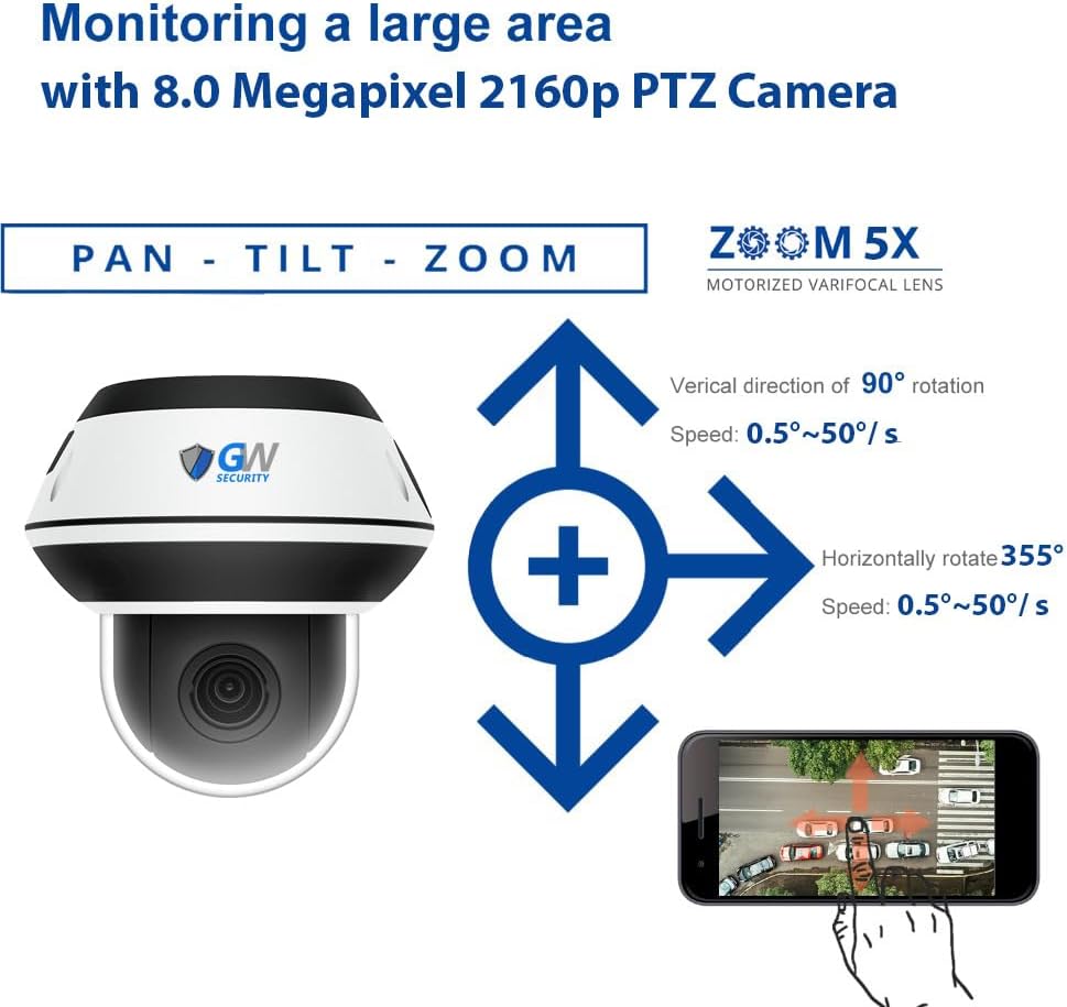 GW Security 8 Channel 12MP NVR with (4) x UHD 8MP 4K IP POE 5X Optical Zoom Motorized Two-Way Audio PTZ Color Night Vision Dome Security Camera System, Face Recognition, Human/Vehicle Detection