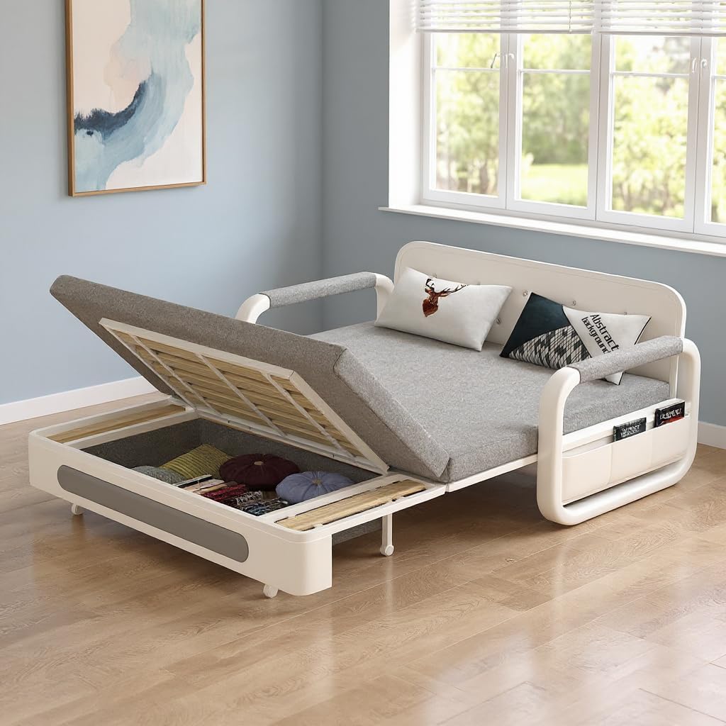 62' Versatile Pull-Out Sofa Bed – Modern Versatile Futon Sleeper Couch, Daybed with Trundle, Perfect for Living Room & RV, Gray/White