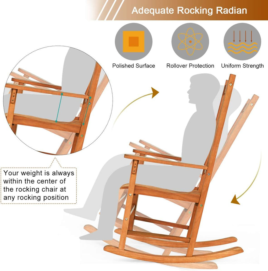 Giantex Porch Rocking Chair Outdoor and Indoor Use, Solid Eucalyptus Wood Rocker with Natural Finish, Front Porch Chairs for Patio Deck Garden, Wooden Rocking Adirondack Chair Set