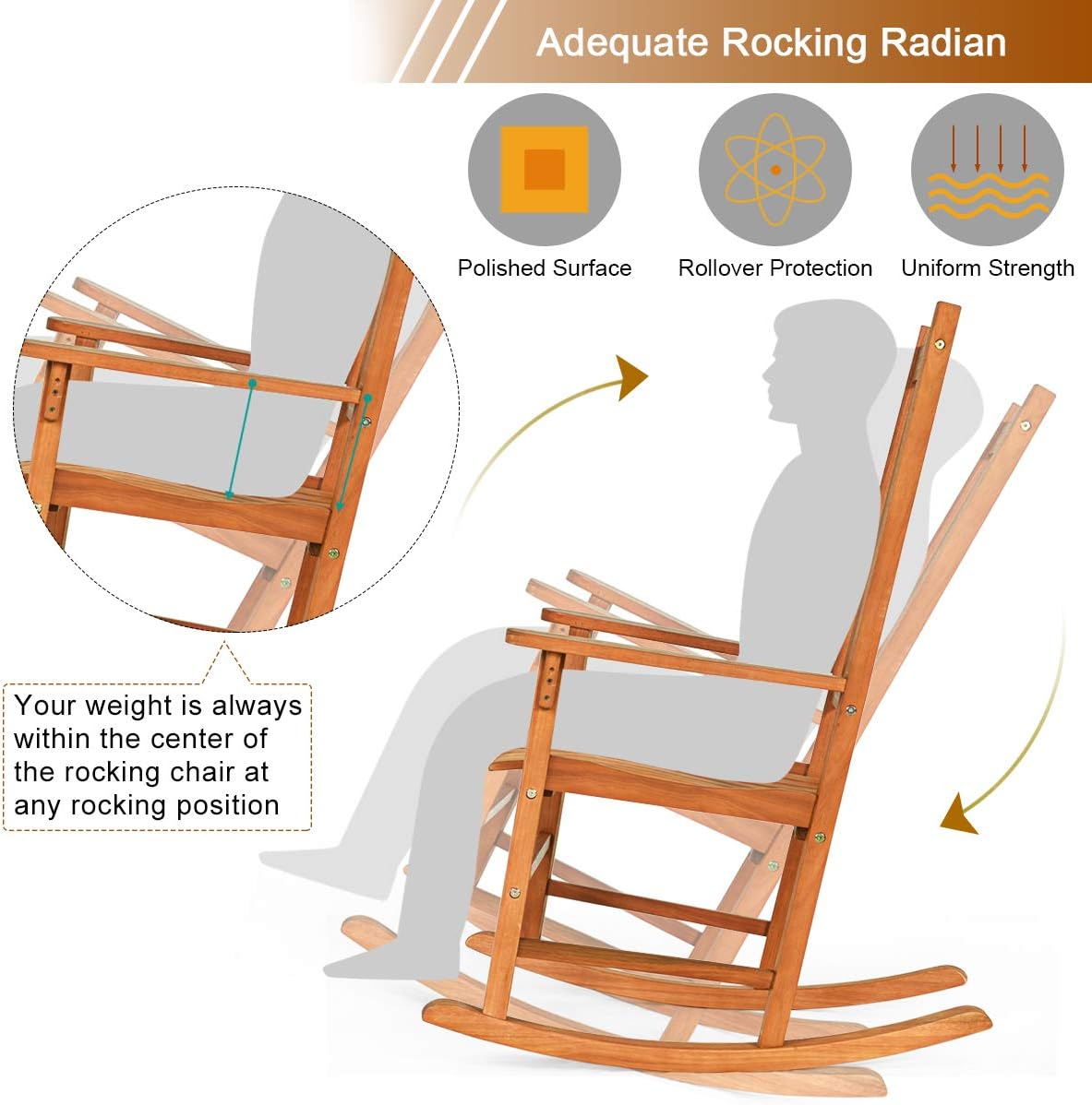 Giantex Porch Rocking Chair Outdoor and Indoor Use, Solid Eucalyptus Wood Rocker with Natural Finish, Front Porch Chairs for Patio Deck Garden, Wooden Rocking Adirondack Chair Set