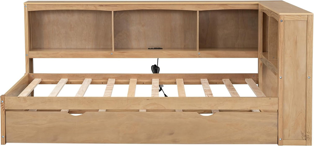 Harper & Bright Designs Twin Size Daybed with Trundle, Storage Bookcases, and USB Ports,Wood Twin Platform Bed with Headboard, Twin Size Sofa Bed Frame for Bedroom Living Room (Wood Color)