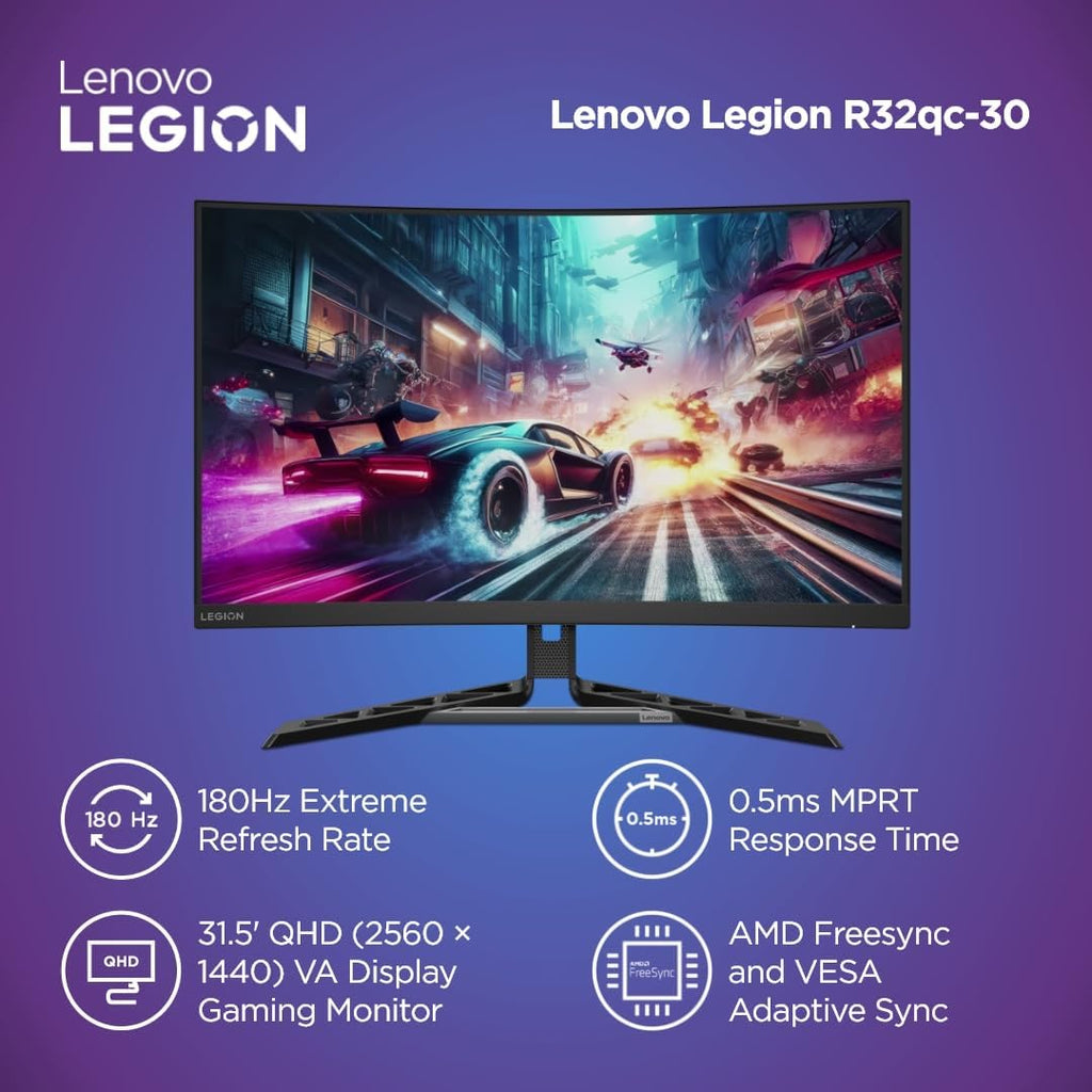 Lenovo Legion-R32qc-30 | 32' (81.2cm) QHD 180Hz Curved Gaming Monitor | 0.5ms, AMD FreeSync, 99% sRGB, 3Wx2Speaker, 2xHDMI 2.1 TMDS, 1xDP 1.4| Tilt, Swivel, Pivot, Height Adjust | Black | 67C8GAC1IN