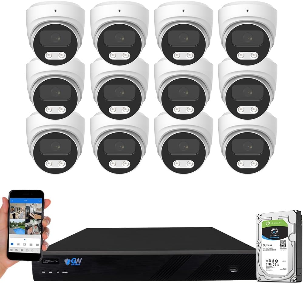 GW Security 16 Channel 12MP NVR 4K Security Camera System with 12 x 8MP PoE Spotlight Color Night Vision Waterproof Microphone Dome Cameras, Smart AI Human/Vehicle Detection