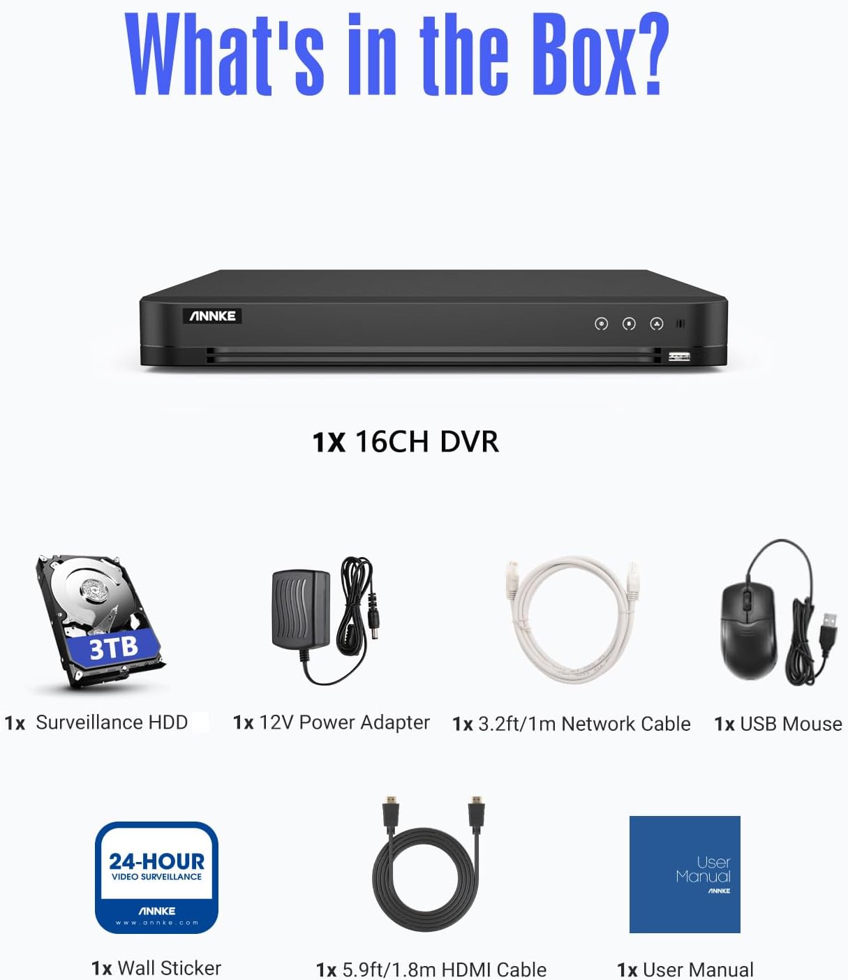 ANNKE 4K 16CH DVR for Security Camera, H.265+ 16 Channel Hybrid 5-in-1 Surveillance Digital Video Recorder, AI Human/Vehicle Detection, Compatible with Alexa, Easy Remote Access, 3TB Hard Drive Disk
