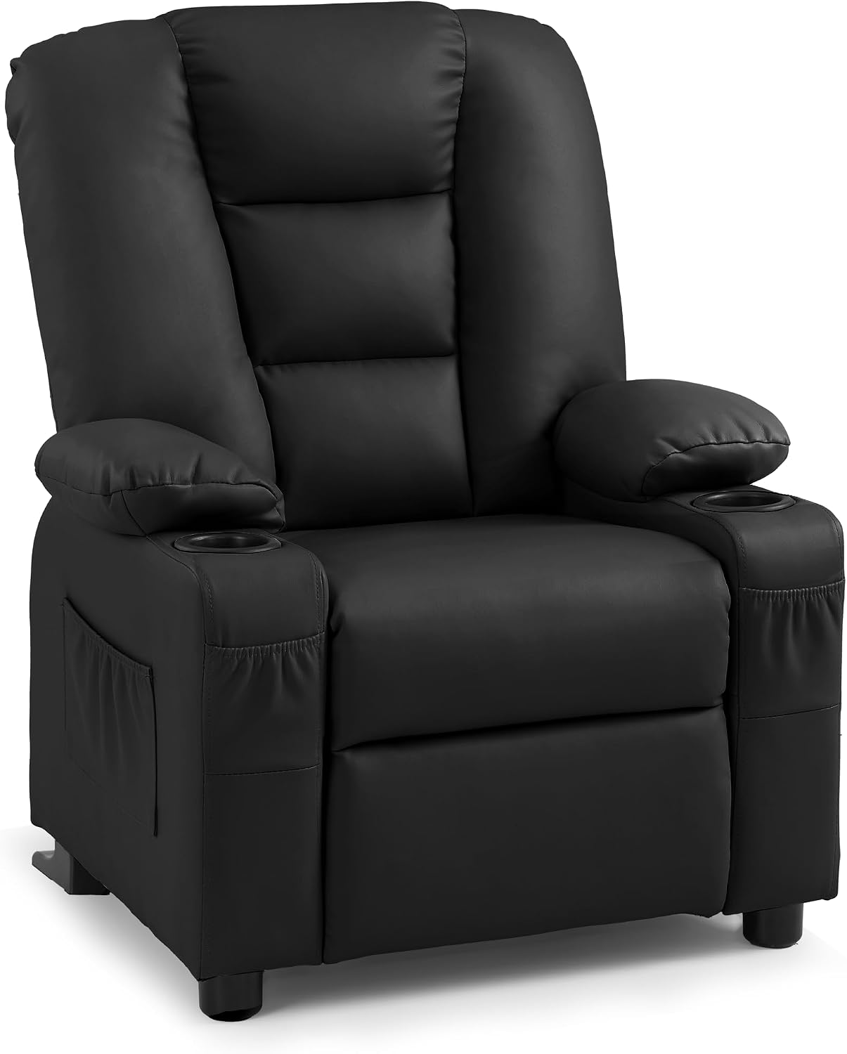 MCombo Big Kids Recliner for Ages 3+, Child Reclining Chair, Toddlers Recliner Sofa with Cup Holders, Faux Leather, 7322(Black)