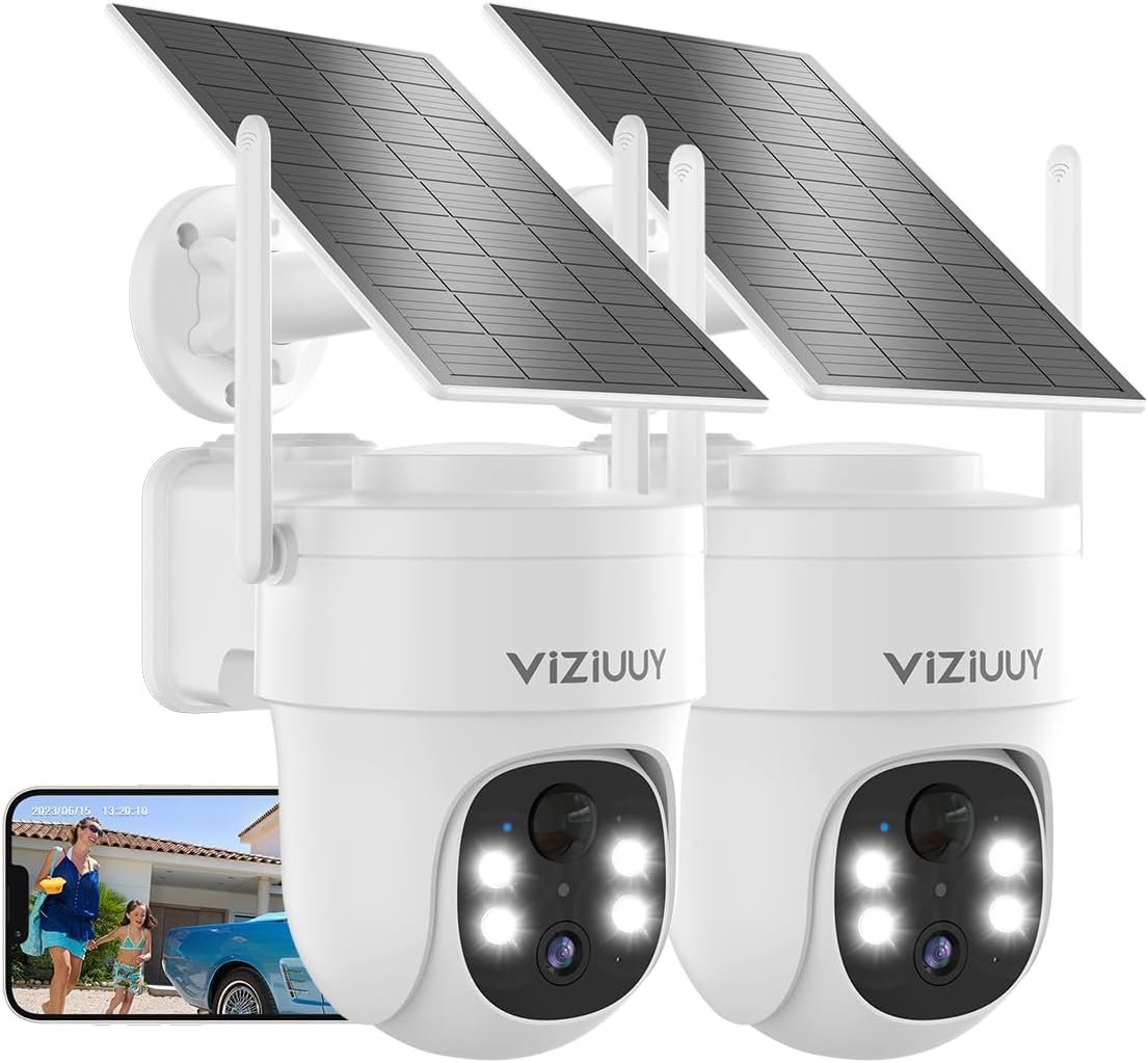 VIZIUUY Solar Security Cameras Wireless Outdoor, 2 Pack 3MP Security Cameras Wireless Outdoor, Pan Tilt 360°WiFi Camera with Color Night Vision/PIR Sensor/2-Way Audio/Alexa/Google Assistant