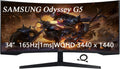 Samsung 34' Odyssey G5 Series WQHD Gaming Monitor, FreeSync Premium, 1000R UltraWide Curved, 165Hz, 1ms, Black, with GSF HDMI Cable