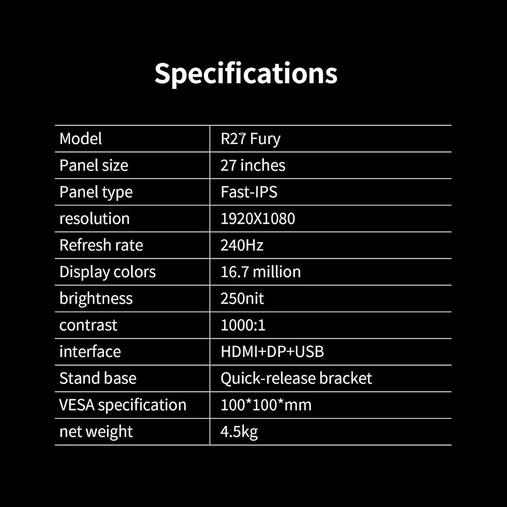 27 Inch Gaming Monitor, FHD(1920x1080), 240Hz Refresh Rate, Fast IPS Panel, 1ms Response Time, FreeSync & G-Sync Compatible, 100% sRGB, HDMI & DP Ports VESA Mount (R27 Fury)
