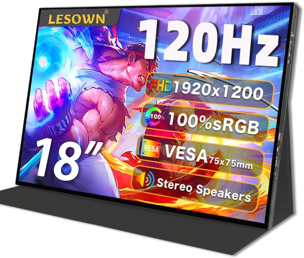 18' 1920x1200 Ultra Thin Portable Gaming Monitor Widescreen 100% sRGB 400Nits VESA USB-C External Display, Built-in Speakers (18' 1200P 120Hz No Touch)