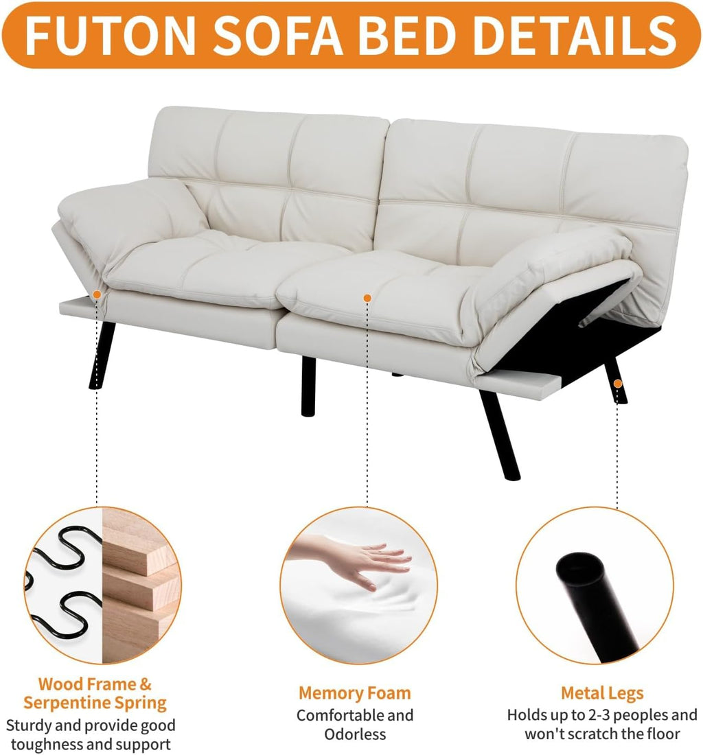 MUUEGM 71-Inch Convertible Futon Sofa Bed with Adjustable Backrest & Removable Armrests, Foldable Sleeper Loveseat for Small Space Living Room, Studio Apartment, Home Office，White