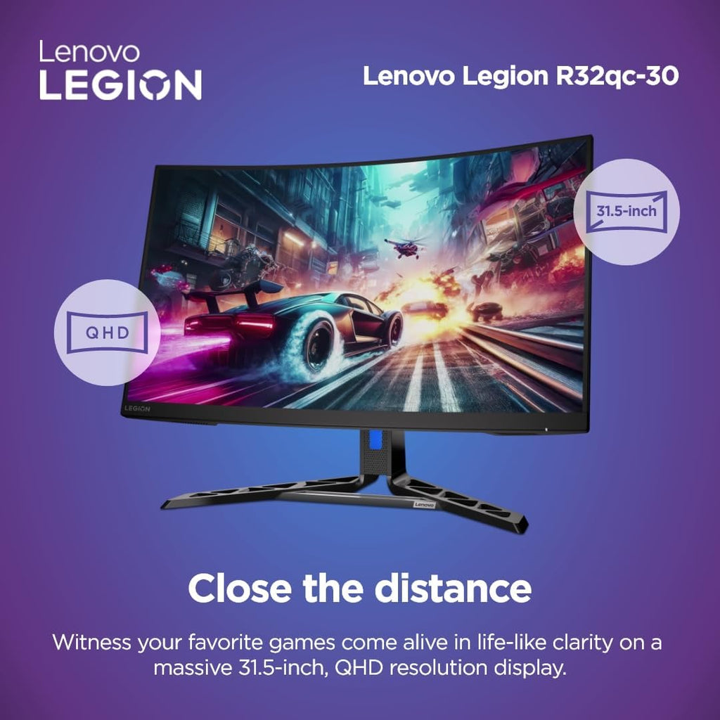 Lenovo Legion-R32qc-30 | 32' (81.2cm) QHD 180Hz Curved Gaming Monitor | 0.5ms, AMD FreeSync, 99% sRGB, 3Wx2Speaker, 2xHDMI 2.1 TMDS, 1xDP 1.4| Tilt, Swivel, Pivot, Height Adjust | Black | 67C8GAC1IN
