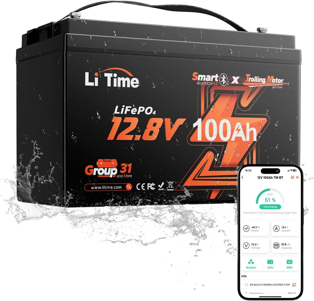 Litime 12V 100Ah Trolling Motors LiFePO4 Battery (Group 31), 12 Volt Bluetooth Lithium Batteries, Max. 15000 Deep Cycle (at 60% DOD), 100A BMS, Low-Temp Protection for Marine, Boat, Yacht, RV, Solar