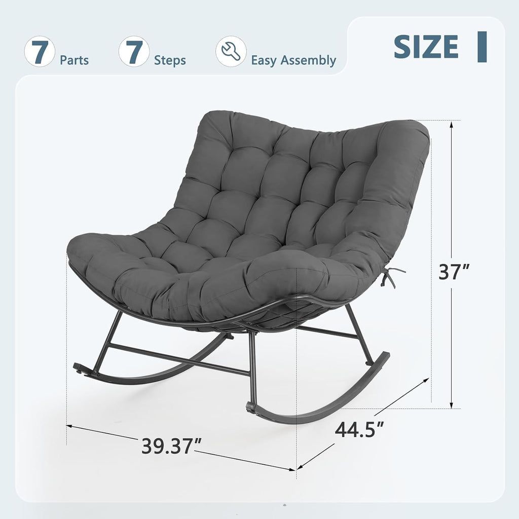 Cushioned Rocking Papasan Chair for Outdoor Indoor, Oversized Outdoor Rocking Chair with Cushion, Egg Rocker for Patio, Porch, Balcony, Lawn, Bedroom, Living Room, Gray