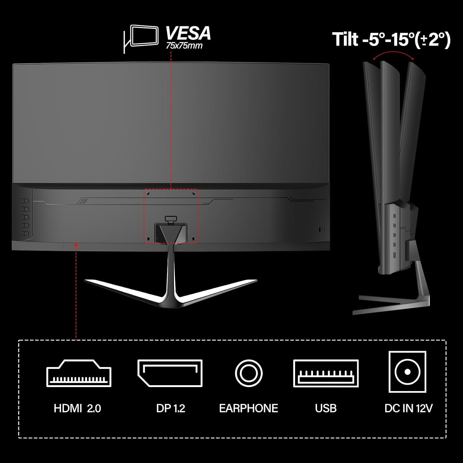 25 Inch Gaming Monitor, 144hz/180hz Computer Monitor FHD 1080P PC Monitors,Frameless Curved Monitors VA,sRGB 100%, DisplayPort, HDMI,Eye Care, Wall Mount Compatible (Black)