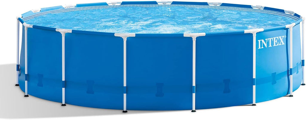 Intex Metal Frame 15' x 48' Round Above Ground Swimming Pool Set with Filter Pump, Ladder, and Cover with Maintenance Accessory Vacuum and Skimmer Kit
