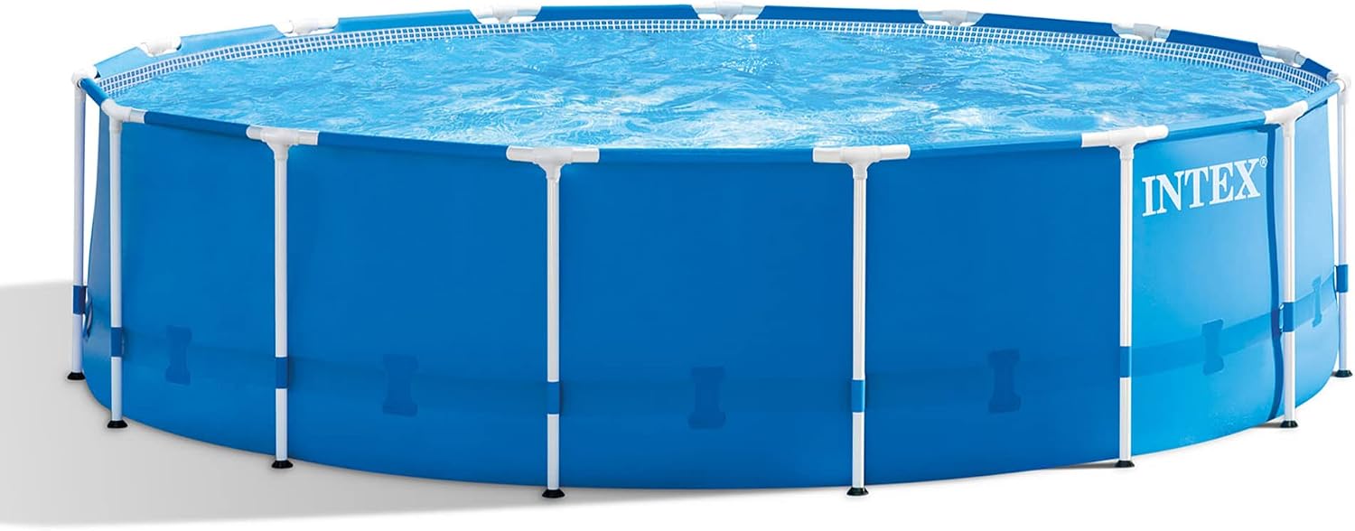 Intex Metal Frame 15' x 48' Round Above Ground Swimming Pool Set with Filter Pump, Ladder, and Cover with Maintenance Accessory Vacuum and Skimmer Kit