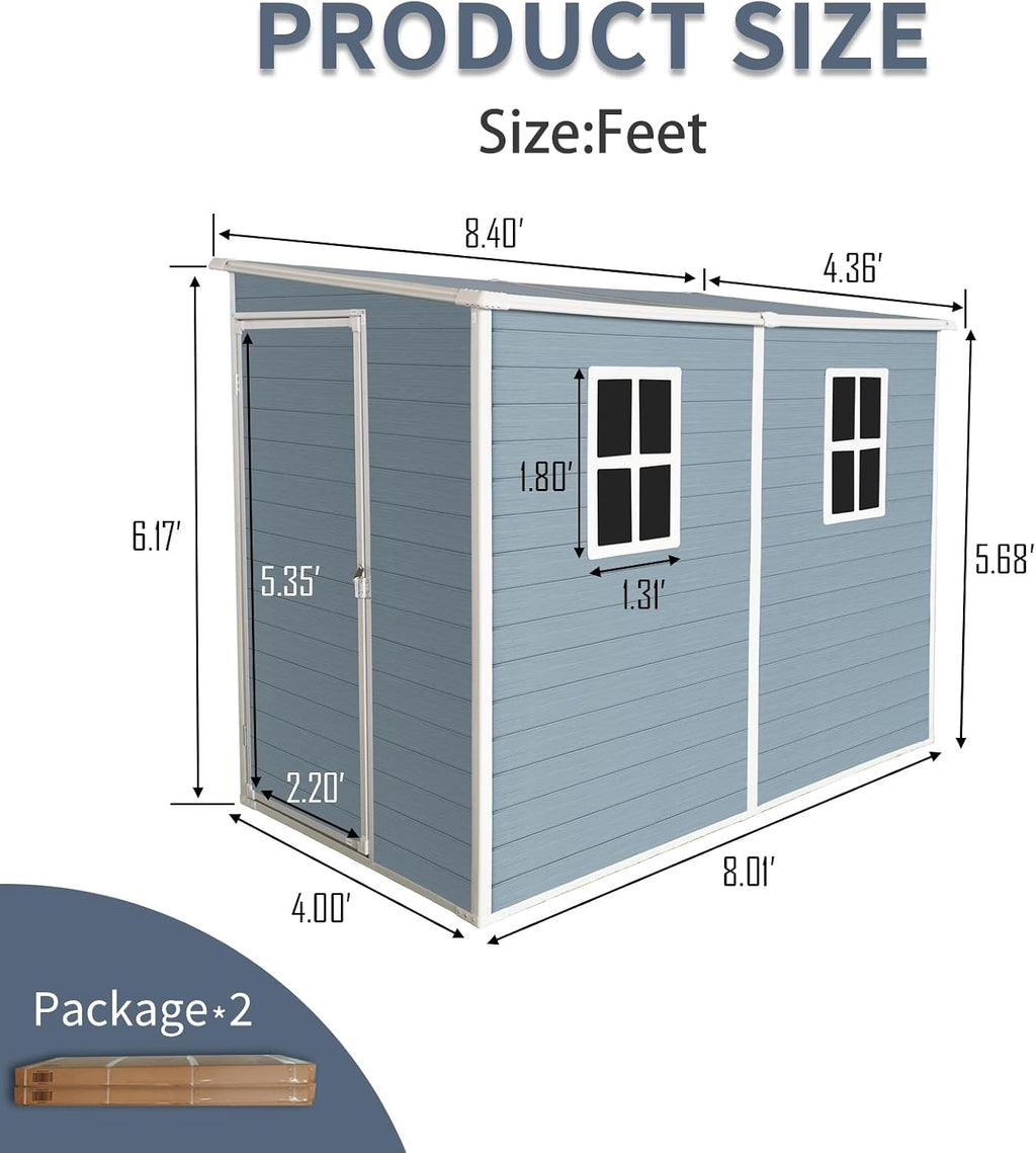 Ball & Cast 8x4 FT Resin Outdoor Storage Shed with Waterproof Floor and 2 Window,Garden Organizer Tool House w/Lockable Doors & Ventilation,Cabinet for Patio,Lawn,Grey
