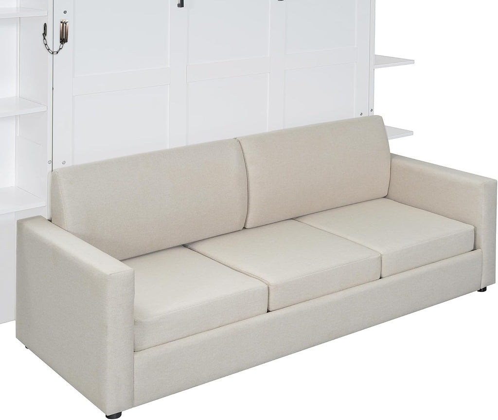 Merax Queen Size Murphy with Sofa and Shelves for Bedroom or Guestroom Wall Bed Space Saving Hidden Bed,No Need Fix to The Wall,Gray