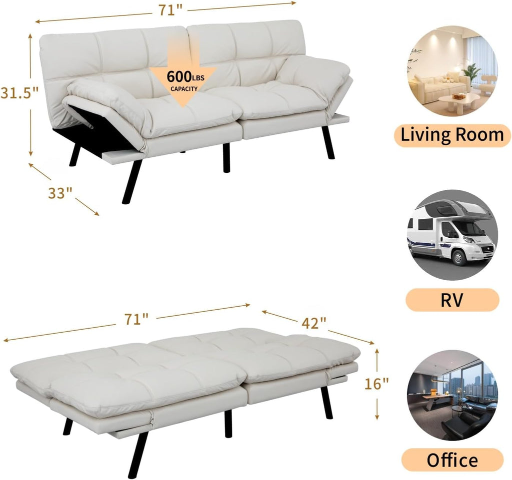 MUUEGM Convertible Memory Foam Sofa Bed with Adjustable Backrest & Armrest, Modern Futon Couch for Living Room, Office, Apartment, Space-Saving Design, Easy Assembly,White